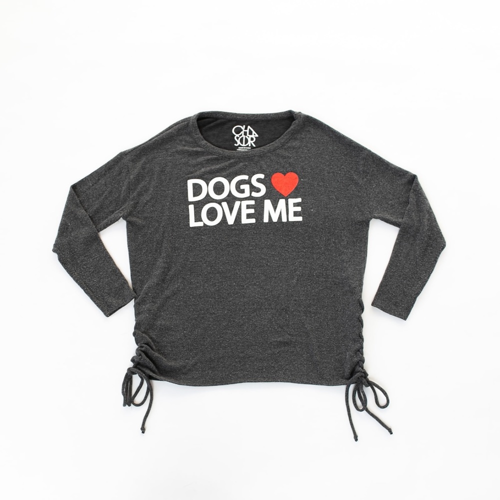 Chaser Dogs Love Me Ultra Soft Crew Neck Pullover Ruched Side Sweatshirt Sweater